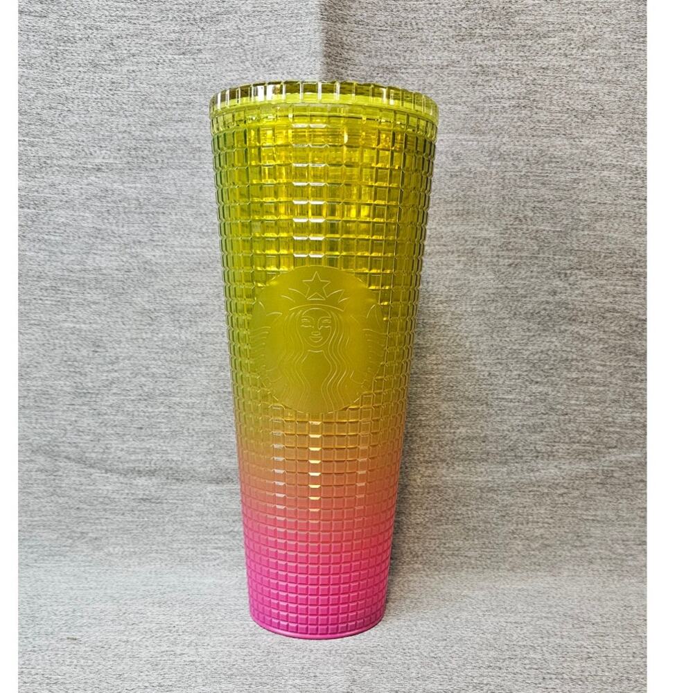 NEW Starbucks 2022 Venti Tumbler Lemon Yellow Pink Gradient Grid Ombre 24oz READ